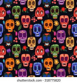 Seamless pattern-Mexican day of the dead. Cute skulls and flowers  in a colorful style.