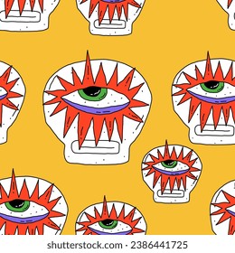 seamless pattern-mystical astral eyes.Halloween spooky print.Tarot and astrology.The all-seeing eye of the zombie eye.Psychedelic 1970s groove and funky.Magical spiritual ornament.Hippie trippy style