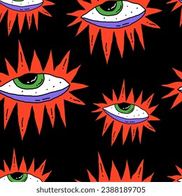 seamless pattern-mystical astral eyes.Halloween spooky print.Tarot and astrology.The all-seeing eye of the zombie eye.Psychedelic 1970s groove and funky.Magical spiritual ornament.Hippie trippy style