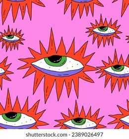 seamless pattern-mystical astral eyes.Halloween spooky print.Tarot and astrology.The all-seeing eye of the zombie eye.Psychedelic 1970s groove and funky.Magical spiritual ornament.Hippie trippy style