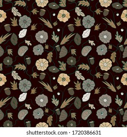 seamless patternn. botanical ornament on a dark background. berries, strawberries, poppies, flowers, leaves. Hand drawing, vintage style. design concept for packaging, textiles, organic cosmetics.
