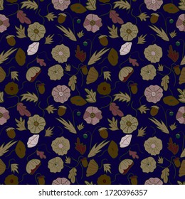 seamless patternn. botanical ornament on a dark background. berries, strawberries, poppies, flowers, leaves. Hand drawing, vintage style. design concept for packaging, textiles, organic cosmetics.
