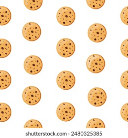 Patrón sin costuras. Galletas de avena con chips de chocolate sobre un fondo claro. Hornear en estilo plano.