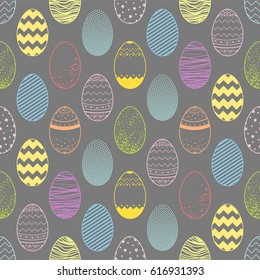 Seamless pattern.Pattern with different colorful easter eggs.Hand drawn stylized elements.Easter holiday decorative background perfect for prints, flyers,banners,invitations,special offer and more.