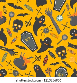Seamless pattern.Pattern with funny halloween characters and elements. Perfect for prints, flyers, banners, invitations, greeting scrapbooking, congratulations and more.Vector Halloween illustration.