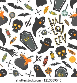 Seamless pattern.Pattern with funny halloween characters and elements. Perfect for prints, flyers, banners, invitations, greeting scrapbooking, congratulations and more.Vector Halloween illustration.