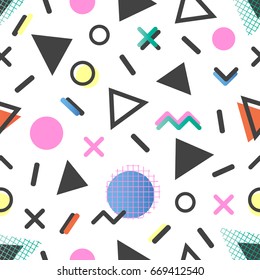 Seamless pattern.Pattern with geometric elements in Memphis style.Abstract design card perfect for prints,flyers,banners, invitations, special offer and more.Trendy vector background in Memphis style.