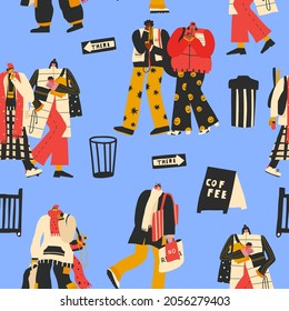 seamless pattern-people living in the metropolis are walking.Multi-raced people lifestyle.Generation Z in fashionable clothes.Businessmen are everyday routine.Urban life. Printing on paper and fabric