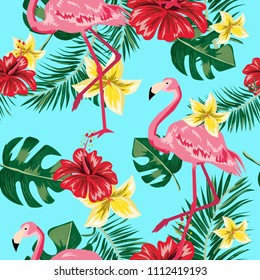 Seamless pattern.Pink Tropical leaf, Flamingo and flower on white background.Palm leaf wallpaper.Hand draw summer illustration.