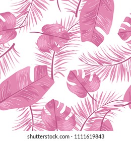 Seamless pattern.Pink Tropical leaf, pineapple and flower on white background.Palm leaf wallpaper.Hand draw summer illustration.