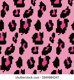 Seamless pattern.Pixel art. Jaguar mosaic camouflage on a pink background. Vector illustration.