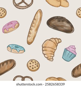 Seamless pattern.Pretzel, donut, muffin, croissant, chocolate cookie, bread and bread roll, baguette. Vector, isolated, hand draw. Cartoon style, pencil texture.