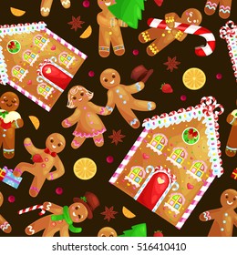 seamless patternprocess preparing Christmas cookies and sweets on wooden kitchen table Gingerbread man and ingredients for cooking flour, yatsa food