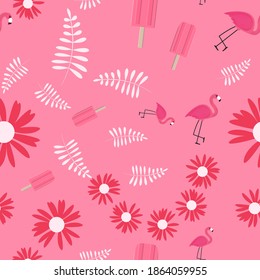 Fondo de Patternr sin foco con flamingo, helados y palmeras. EPS10 de ilustración vectorial