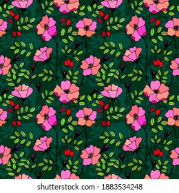 Seamless pattern.Rosehip plant with fruits and flowers. Vector stock illustration eps10. Hand drawing