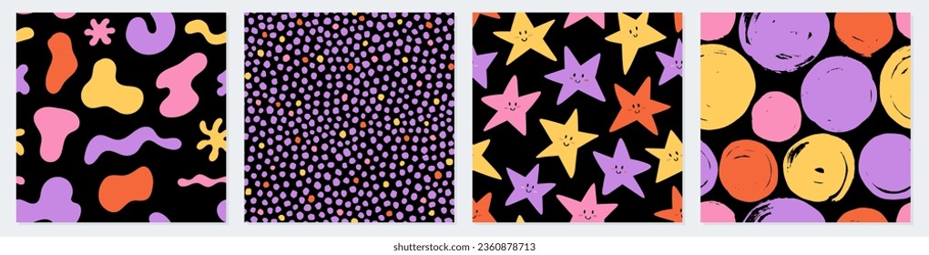 Patrones sin inconvenientes con formas abstractas. Conjunto de vectores. Textura dibujada a mano para impresión, textil, tela, embalaje. Patrón sin costuras de puntos Polka.