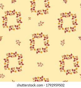 Seamless patterns. Abstract cover design from circular vignettes of colorful leaves and branches on a light background. Autumn pattern. With colorful seamless patterns. Vector illustration