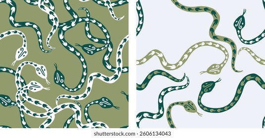 Seamless patterns of abstract drawn creeping snakes, green, white, vector background, paper, textile, wallpaper, fabric