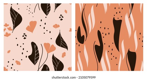 Patrones sin foco con plantas exóticas abstractas sobre fondo naranja de ilustración vectorial. 