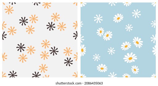 Seamless patterns with abstract flowers and little daisies on grey and blue backgrounds vector illustration. 
