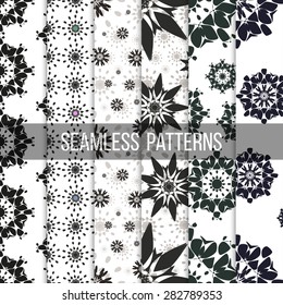 Seamless patterns with abstract flowers. Repeating modern stylish geometric backgrounds. Simple black monochrome vector textures.