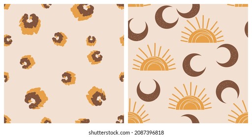 Seamless patterns with abstract hand drawn brushes, moons and sun on brown backgrounds vector illustration. Mid century modern art wallpapers.
