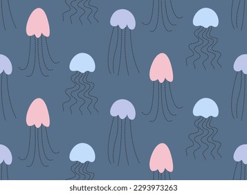 Seamless patterns with abstract jellyfish. Beautiful underwater world texture in flat style.