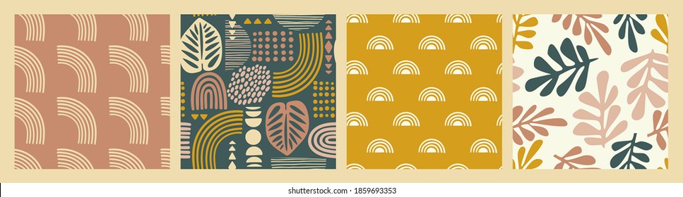 Artistiс seamless patterns with abstract leaves and geometric shapes. Modern vector design for paper, cover, fabric, interior decor and other users.