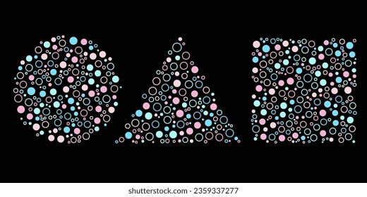 Seamless patterns, abstract organic lines color backgrounds set. Biological patterns with yellow, purple and blue memphis dots, irregular squiggle lines and abstract shape texture 