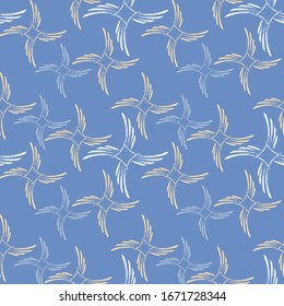 Seamless patterns. Abstract set of brush strokes arranged in geometric order. Shades of blue. Background design for paper, textile, fabric, ceramics, tiles. Vector graphics.