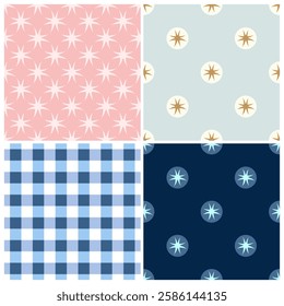 Seamless patterns abstract shape stars motif colorful backgrounds set. Modern fabric design textile swatch allover print block for children's bedding. High resolution image digital illustration.