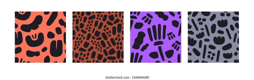 Seamless patterns with abstract shapes in 90s style. Retro fashion background designs. Bright endless repeating prints set. Trendy textures. Colored flat vector illustration for wrapping and textile