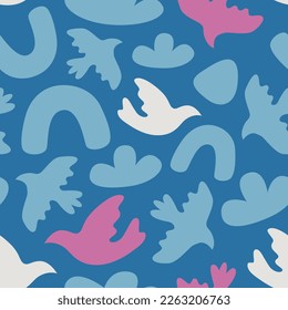 Seamless patterns with abstract shapes in blue and pink colors. Hand drawn various nature shapes. Good for fabric, wrapping paper and covers.