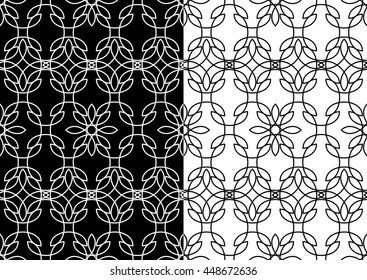 Seamless patterns with abstract stained glass ornament in black and white colors. Kaleidoscope background in two variants. Vector illustration