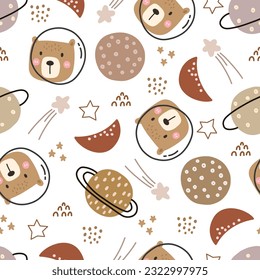 Seamless patterns adorable bear cartoons in space hand-Drawn cute in flat style