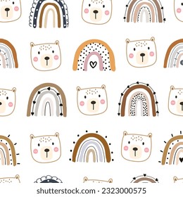 Seamless patterns adorable bear cartoons hand-drawn cute rainbow backgrounds