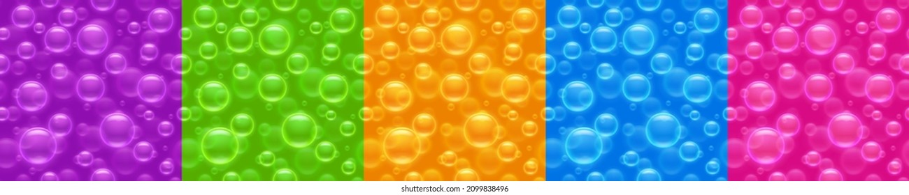 Seamless patterns with air bubbles, abstract game textures. Backgrounds with air shampoo balloons on blue, green, purple, orange and pink surface, graphics design, Realistic 3d vector illustration