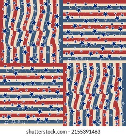 Seamless patterns. American patriotic stars and stripes pattern in vintage colors. Holiday graphic design. USA Independence Day or Presidents Day star pattern in American flag colors.
