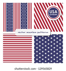 Seamless patterns with American symbols. Vector set. USA flag