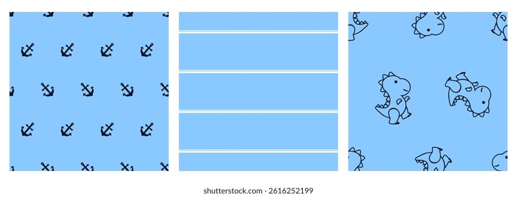Seamless patterns with anchor, stripe line and dinosaur cartoons on blue backgrounds vector. Cute childish print.
