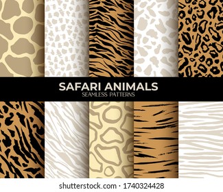 Seamless Patterns of animal fur print with texture, leopard, tiger and zebra seamless vector abstract backgrounds set. African animals fur, animal skin patterns, brown jaguar, giraffe, panther