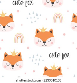 seamless patterns with animals and rainbows, baby decorations, vector illustration of cartoon cute fox