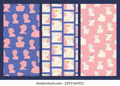 Seamless patterns with antique sculptures. Repeating decorative Greek statues. Vector