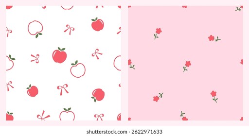 Seamless patterns with apple fruit, ribbon bows and cute flower with green leaves on white and pink backgrounds vector.