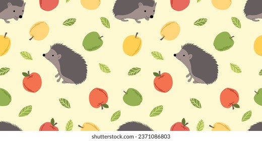 Patrones sin foco con manzanas y erizo. Colorida cosecha sin soldadura. Ilustración de la cosecha del otoño. Se utiliza para papel, cubierta, envoltura de regalo, tela.
