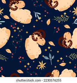 Seamless patterns with Aries, colorful flowers, leaves and stars. Astrological Aries zodiac. Bright astrological pattern can be used as textile, fabric, wallpaper, banner and other. Vector