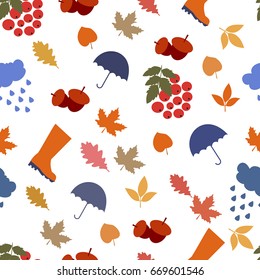 seamless patterns with autumn elements. Leaves, umbrella, rain, rubber boots, acorns, mountain ash