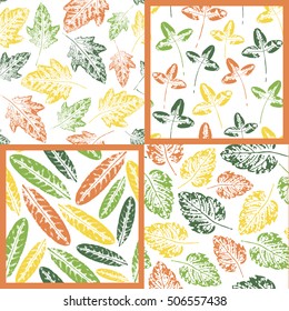 Seamless patterns with autumn leaves. Set of vector Leaf imprint patterns. Bright autumn. Vector grunge leaves. Leaf stamp. Print fabric, Wrapping paper pattern