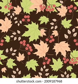 Seamless patterns. Autumn pattern of multicolored maple leaves, branches and red berries, rowan berries on a dark brown background. Vector illustration. For decor, design, wallpaper, textile and print