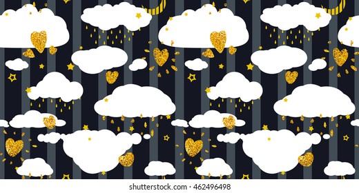 Seamless patterns with Baby Cute hearts, Valentines day.Happy Birthday children design.Colorful night sky with stars, clouds, gold doodle decoration.Hand drawn vector illustration, separated elements.